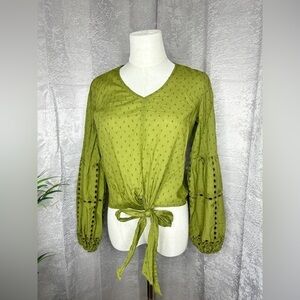 Japna Olive Green Front Tie Eyelet Balloon Sleeve Top Women’s Sz Extra Small